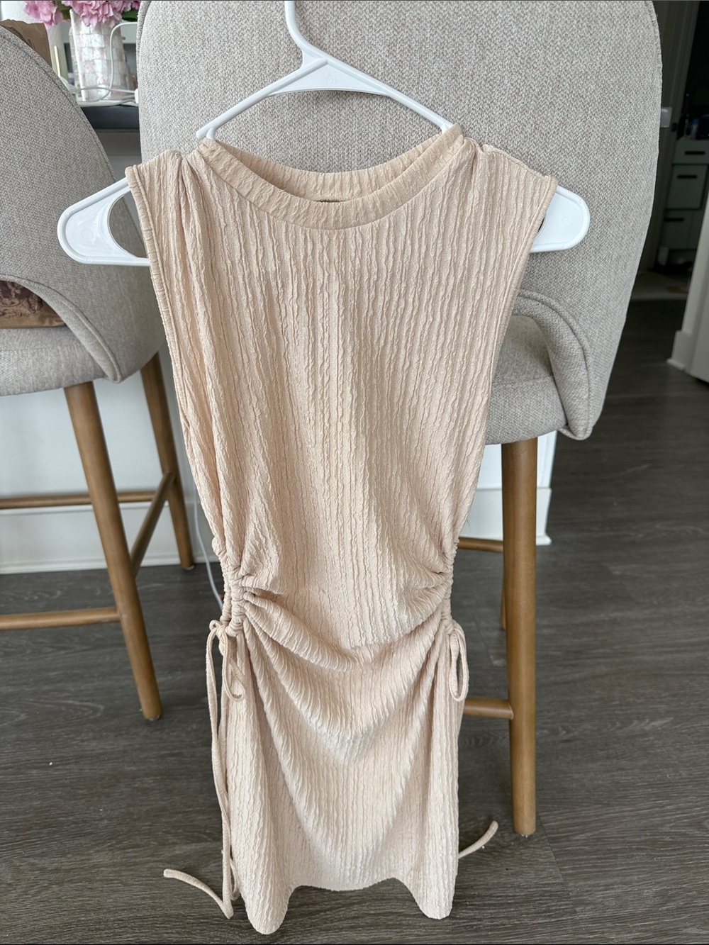 Sleeveless Ruched Side Drawstring Midi Dress in Beige